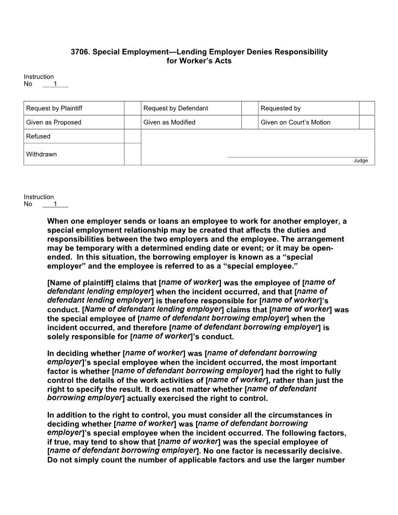3706. Special Employment Lending Employer Denies Responsibility for Workers Acts | Pdf Doc Docx | Jury Instructions