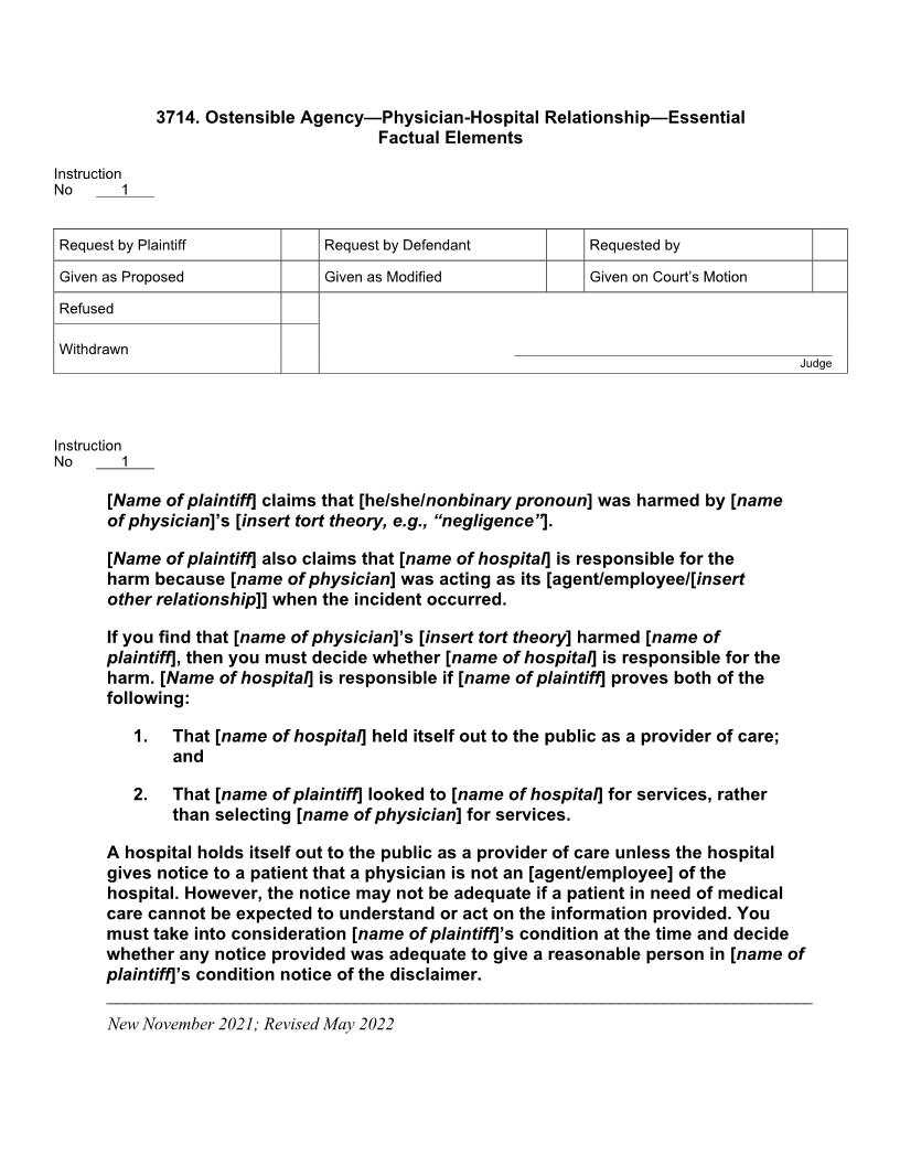 3714. Ostensible Agency Physician Hospital Relationship Essential Factual Elements | Pdf Docx | Jury Instructions