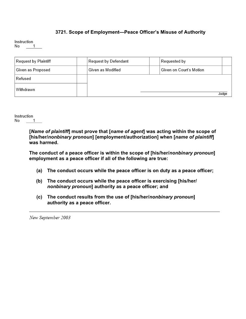 3721. Scope of Employment Peace Officers Misuse of Authority | Pdf Doc Docx | Jury Instructions
