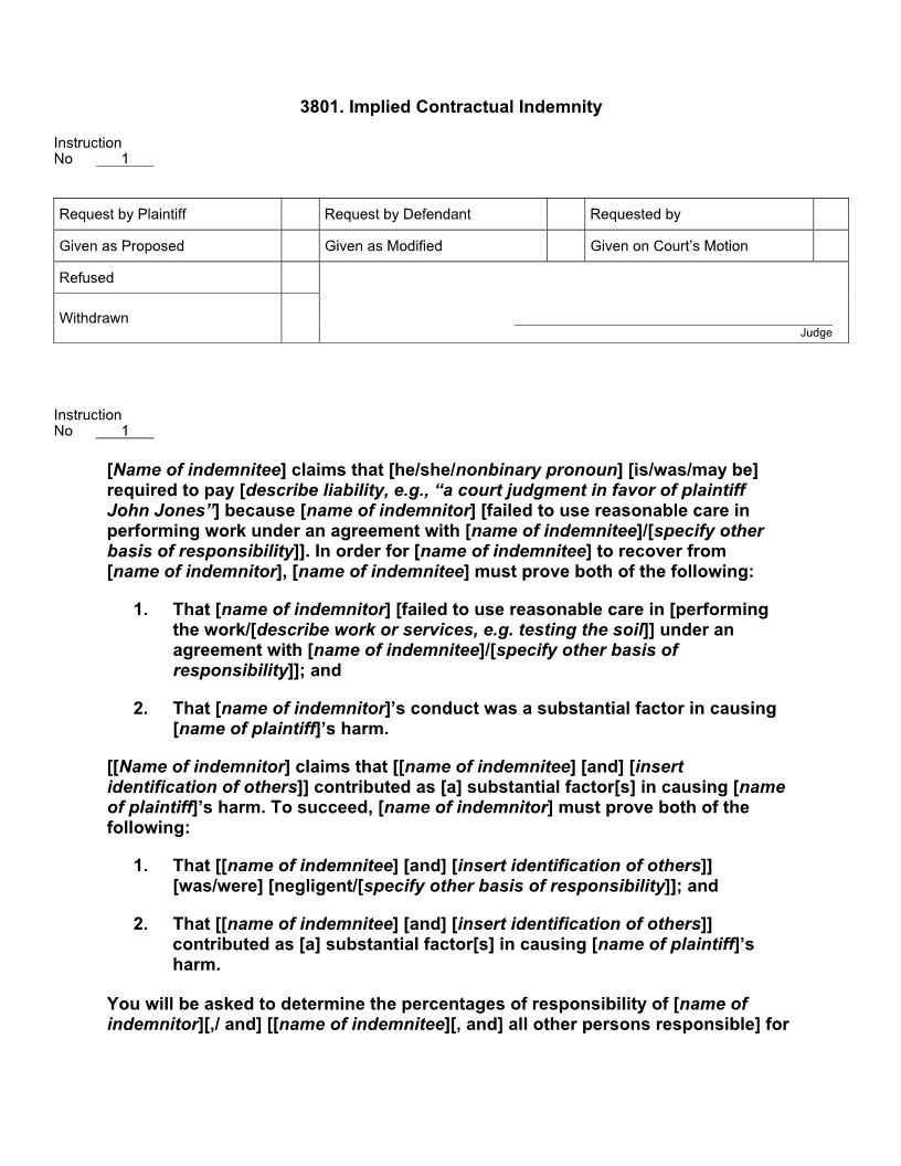 3801. Implied Contractual Indemnity | Pdf Doc Docx | Jury Instructions