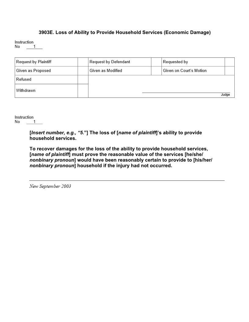 3903E. Loss Of Ability To Provide Household Services (Economic Damage) | Pdf Doc Docx | Jury Instructions