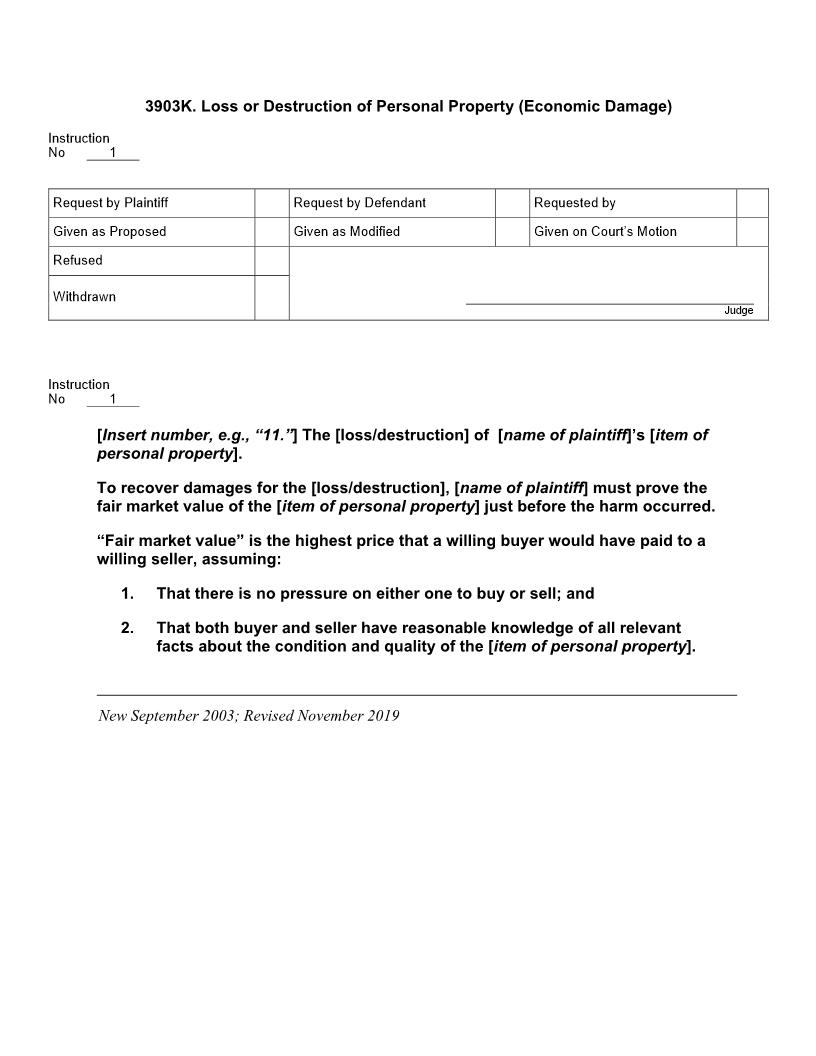 3903K. Loss Or Destruction Of Personal Property (Economic Damage) | Pdf Doc Docx | Jury Instructions