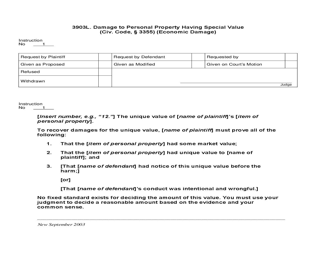 3903L. Damage To Personal Property Having Special Value (Civ. Code, § 3355) (Economic Damage) | Pdf Doc Docx | Jury Instructions