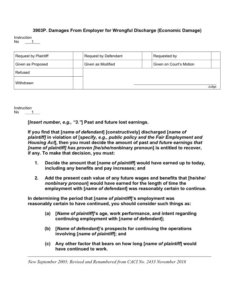 3903P. Damages From Employer For Wrongful Discharge (Economic Damage) | Pdf Doc Docx | Jury Instructions