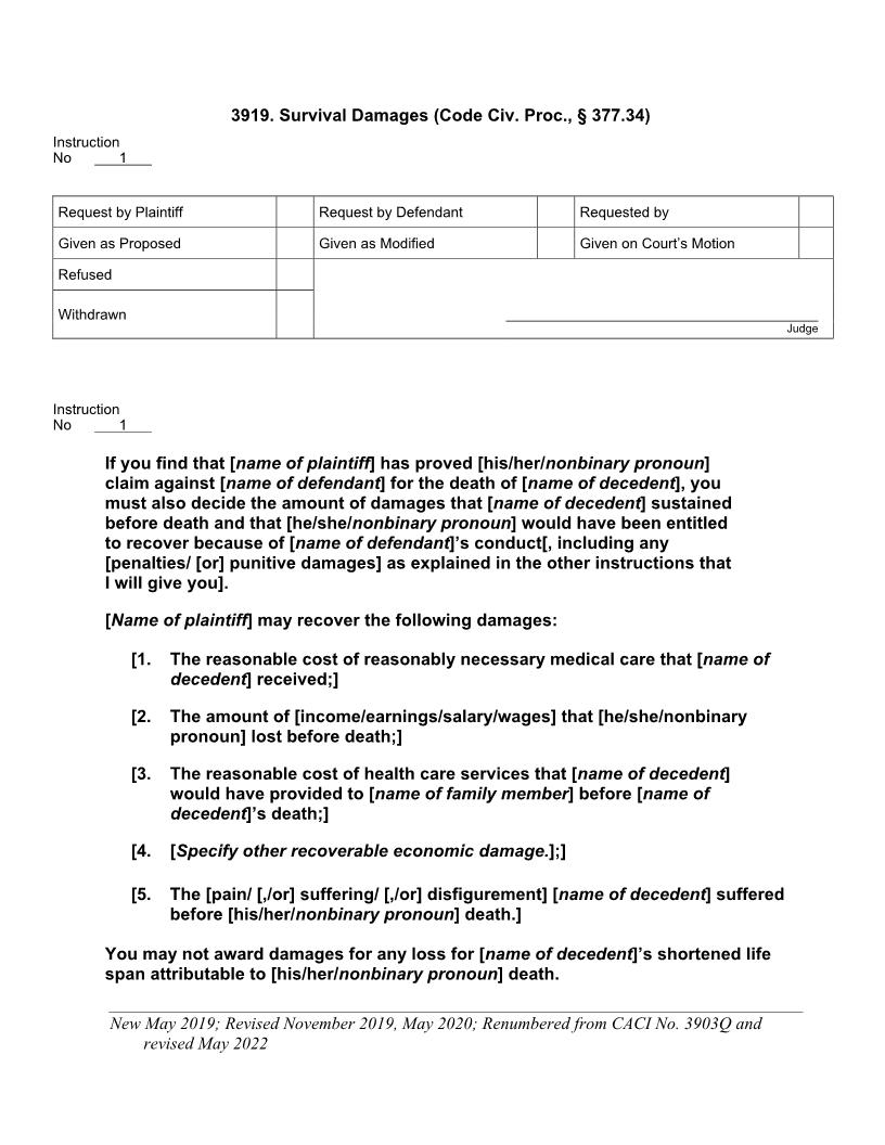 3919. Survival Damages (Code Civ. Proc., 377.34) | Pdf Docx | Jury Instructions