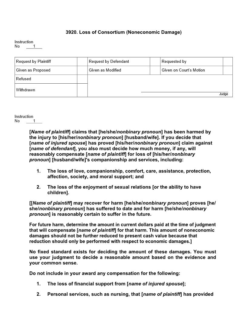 3920. Loss Of Consortium (Noneconomic Damage) | Pdf Doc Docx | Jury Instructions