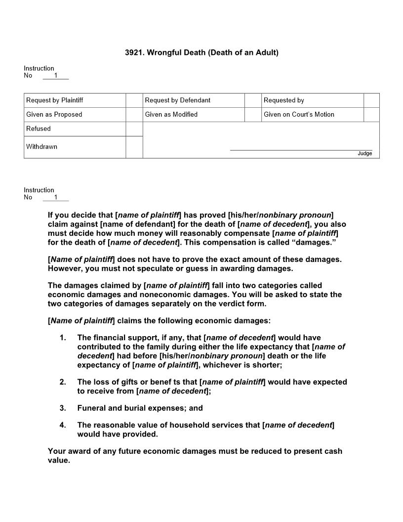 3921. Wrongful Death (Death Of An Adult) | Pdf Doc Docx | Jury Instructions