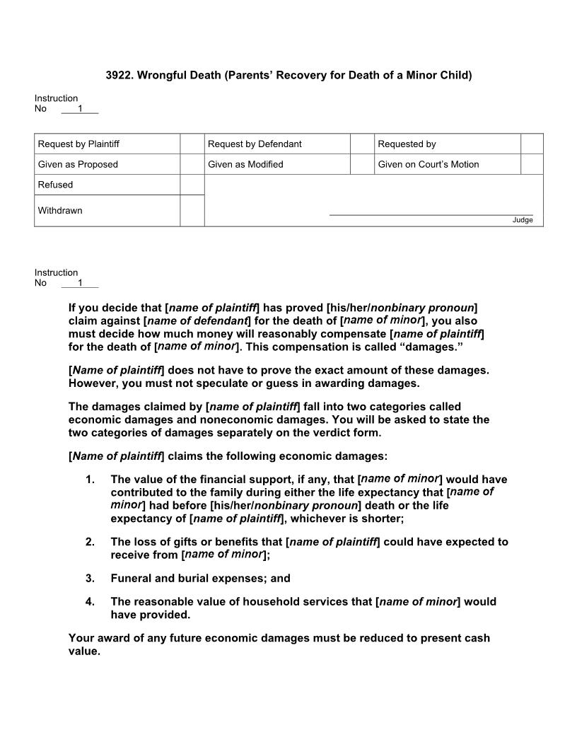 3922. Wrongful Death (Parents Recovery For Death Of A Minor Child) | Pdf Doc Docx | Jury Instructions