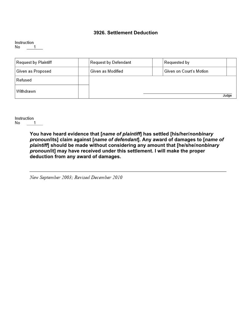 3926. Settlement Deduction | Pdf Doc Docx | Jury Instructions