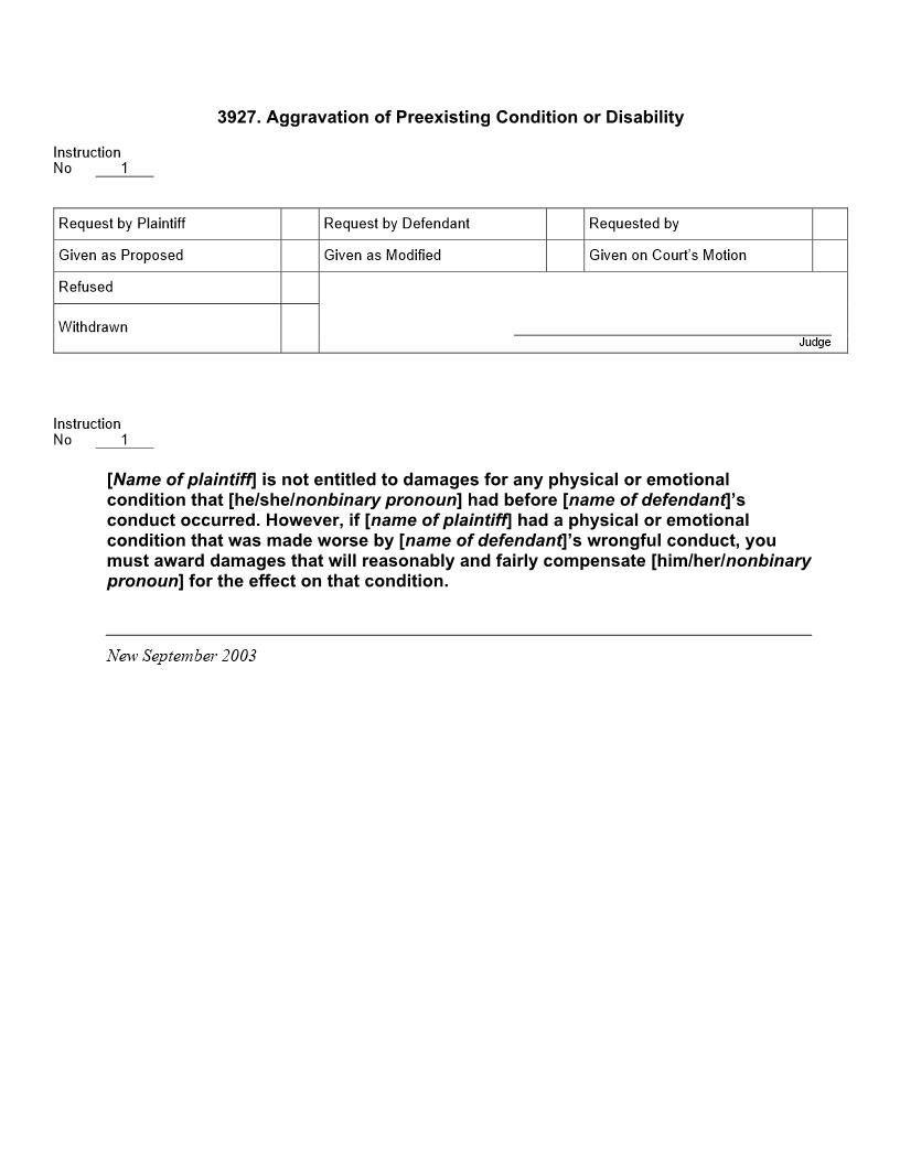 3927. Aggravation Of Preexisting Condition Or Disability | Pdf Doc Docx | Jury Instructions