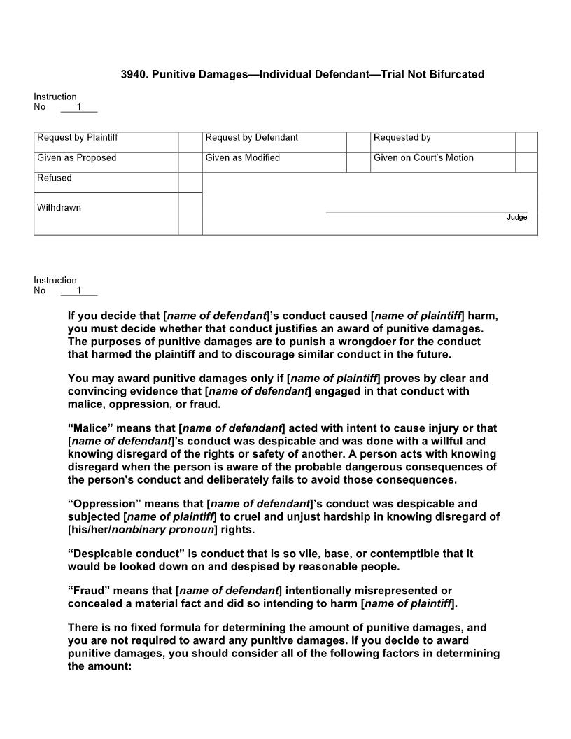 3940. Punitive Damages Individual Defendant Trial Not Bifurcated | Pdf Doc Docx | Jury Instructions
