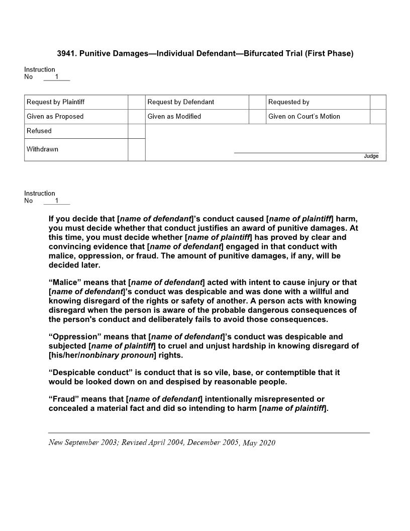 3941. Punitive Damages Individual Defendant Bifurcated Trial (First Phase) | Pdf Doc Docx | Jury Instructions