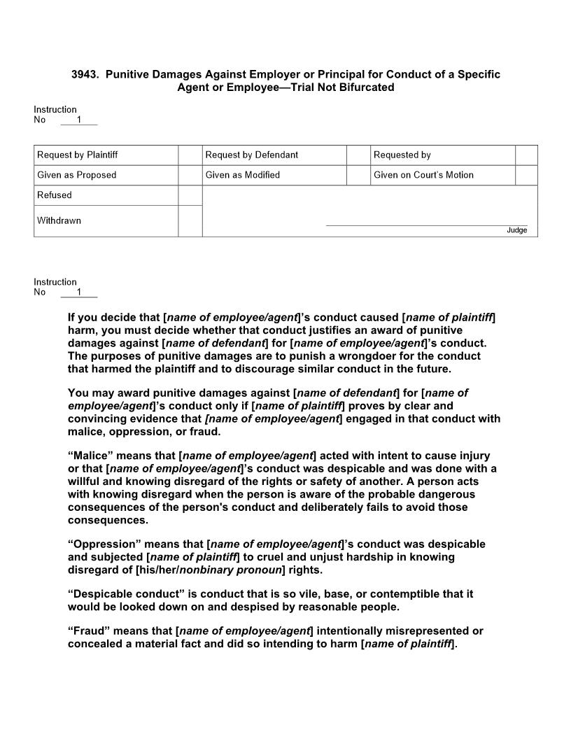 3943. Punitive Damages Against Employer Or Princ. Agt Or Employee Cond. Not Bifurcated | Pdf Doc Docx | Jury Instructions