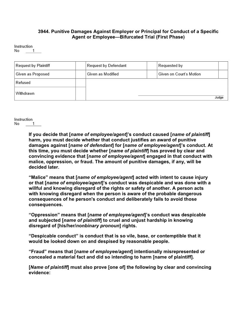 3944. Punitive Damages Employer Principal Conduct Of Agent Employee Bifurcated (1st Phase) | Pdf Doc Docx | Jury Instructions