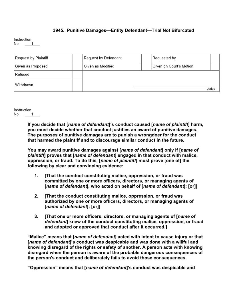 3945. Punitive Damages Entity Defendant Trial Not Bifurcated | Pdf Doc Docx | Jury Instructions