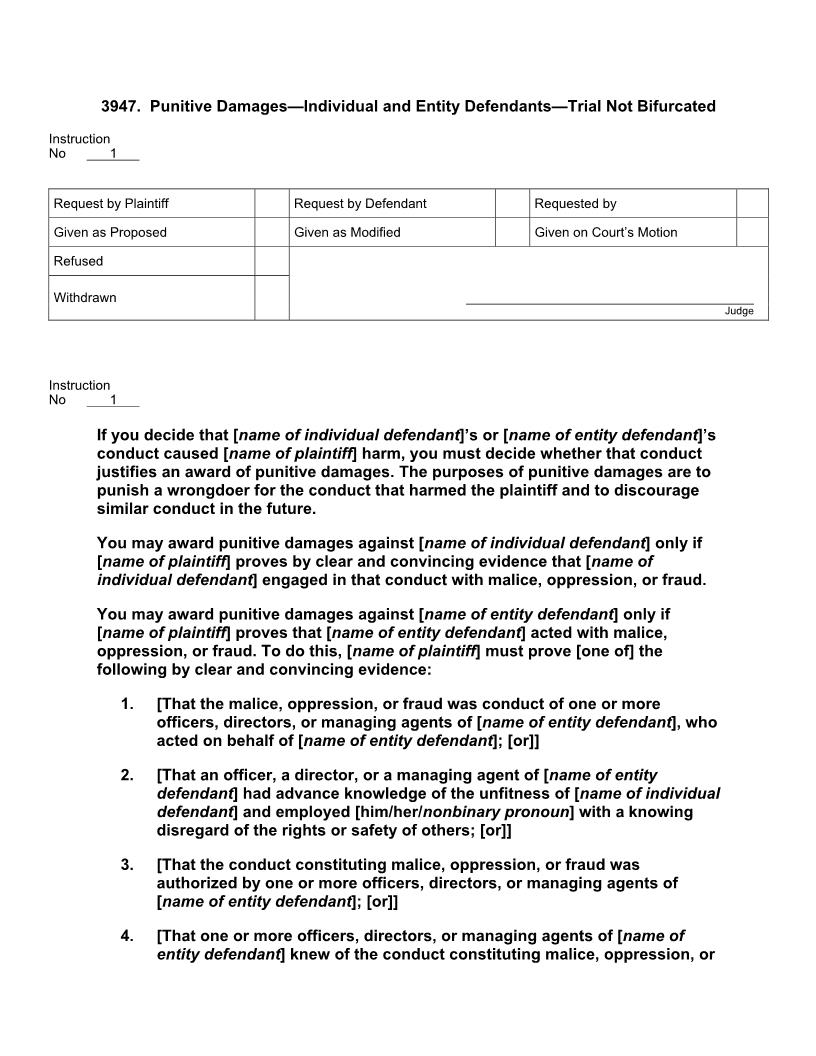 3947. Punitive Damages Individual And Entity Defendants Trial Not Bifurcated | Pdf Doc Docx | Jury Instructions