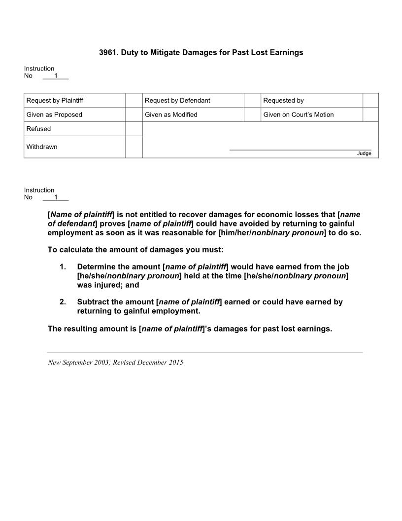 3961. Duty To Mitigate Damages For Past Lost Earnings | Pdf Doc Docx | Jury Instructions