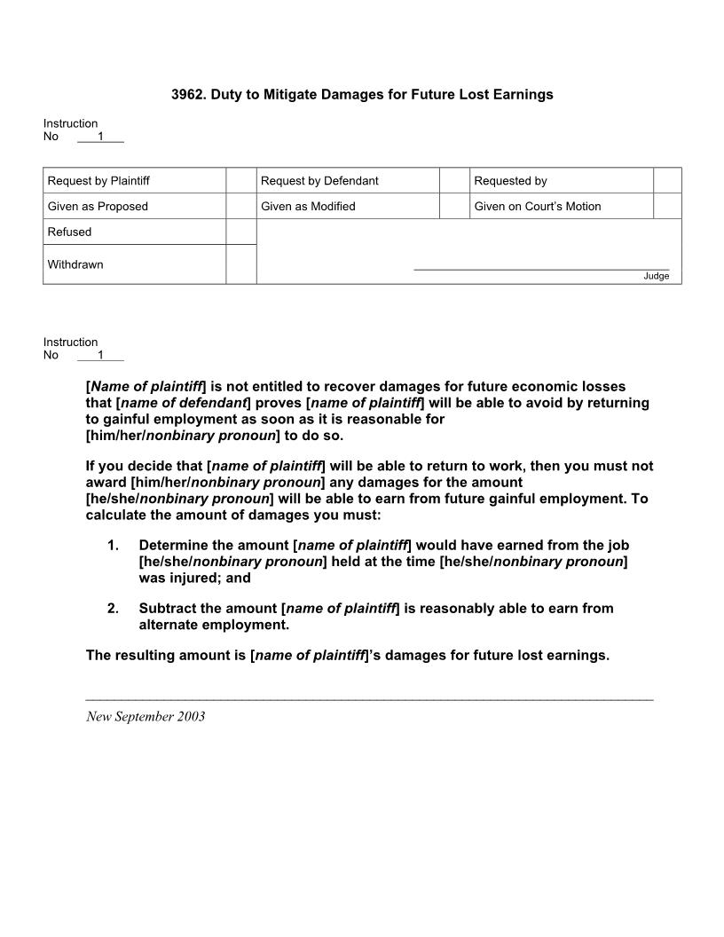 3962. Duty To Mitigate Damages For Future Lost Earnings | Pdf Doc Docx | Jury Instructions
