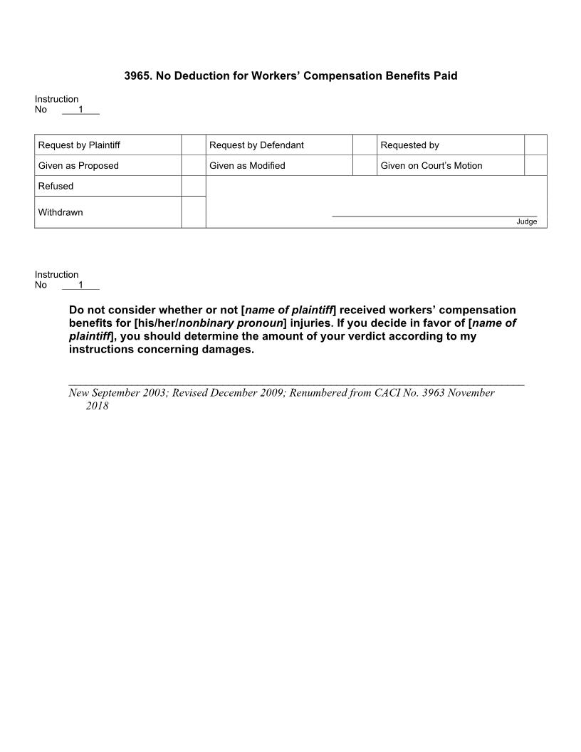 3965. No Deduction for Workers Compensation Benefits Paid | Pdf Doc Docx | Jury Instructions