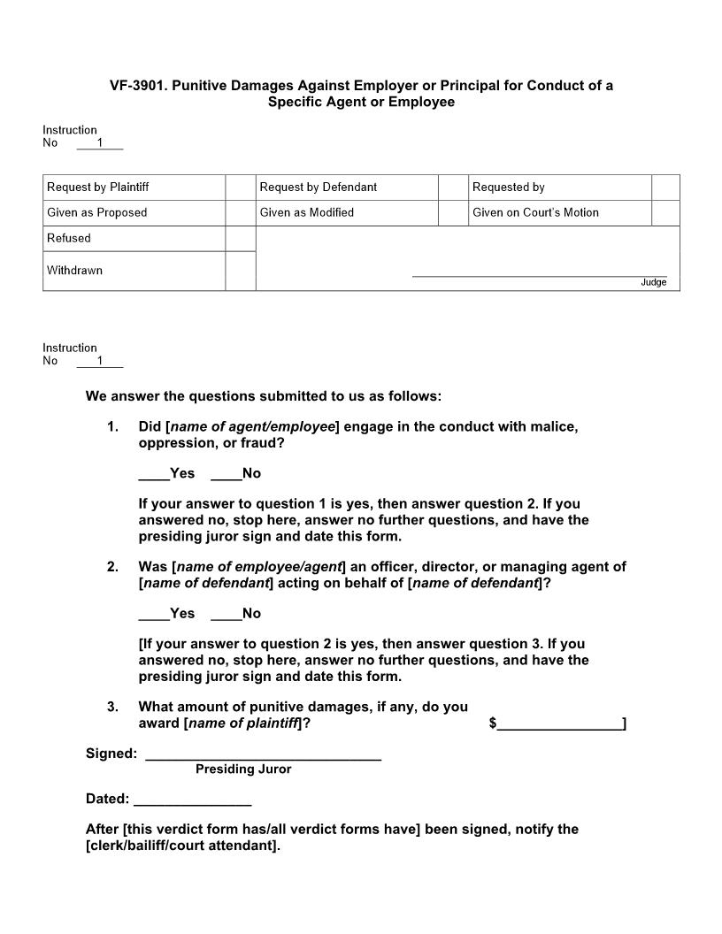 VF 3901. Punitive Damages Against Employer Or Principal for Conduct of a Specific Agent or Employee | Pdf Doc Docx | Jury Instructions