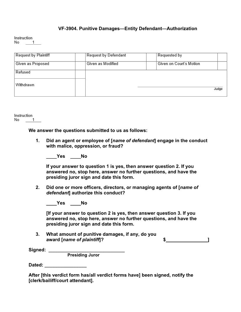 VF 3904. Punitive Damages Entity Defendant Authorization | Pdf Doc Docx | Jury Instructions