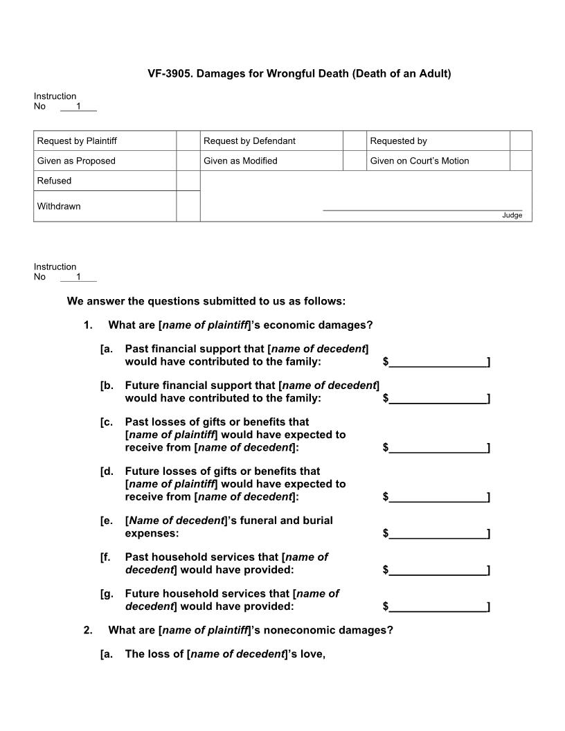 VF 3905. Damages for Wrongful Death (Death of an Adult) | Pdf Doc Docx | Jury Instructions