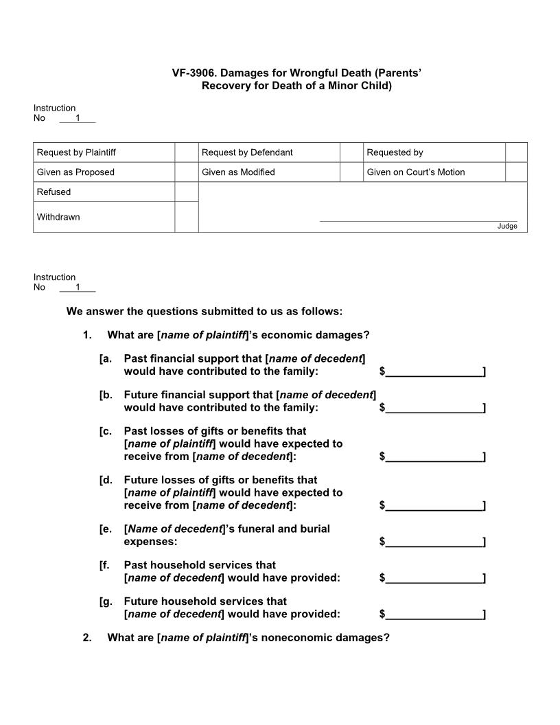 VF 3906. Damages for Wrongful Death (Parents Recovery for Death of a Minor Child) | Pdf Doc Docx | Jury Instructions