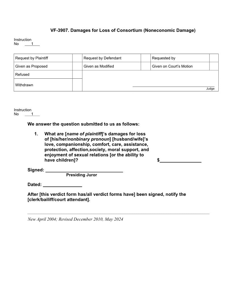 VF 3907. Damages for Loss of Consortium (Noneconomic Damage) | Pdf Doc Docx | Jury Instructions