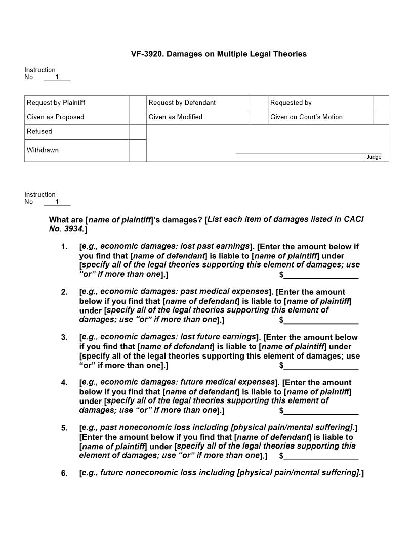 VF 3920. Damages on Multiple Legal Theories | Pdf Doc Docx | Jury Instructions