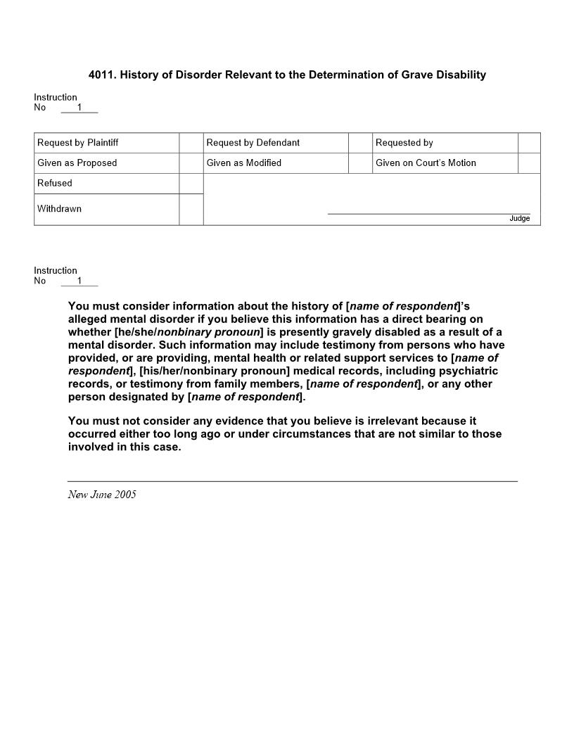 4011. History of Disorder Relevant to the Determination of Grave Disability | Pdf Doc Docx | Jury Instructions