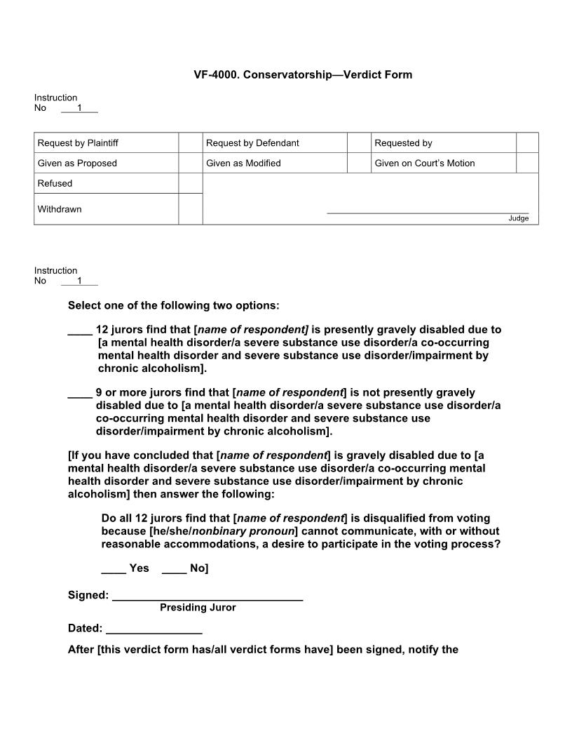 VF 4000. Conservatorship Verdict Form | Pdf Doc Docx | Jury Instructions