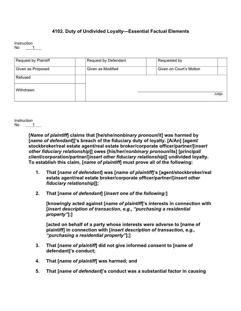 4102. Duty of Undivided Loyalty Essential Factual Elements | Pdf Doc Docx | Jury Instructions