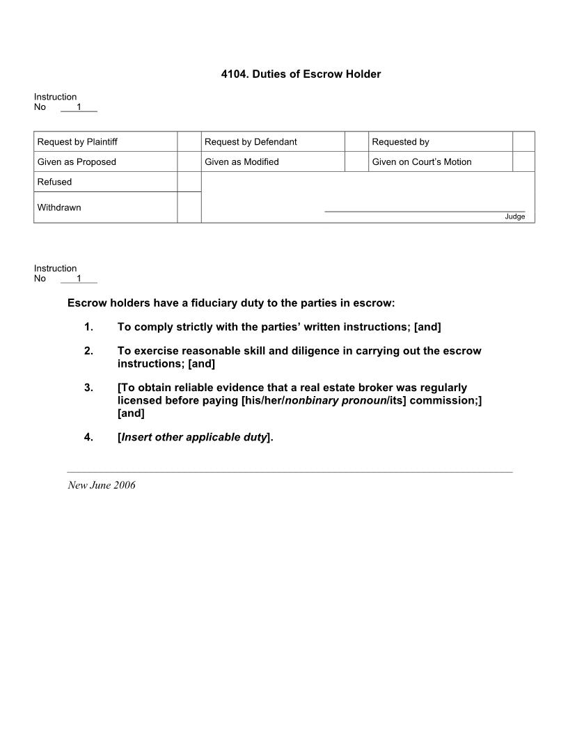 4104. Duties of Escrow Holder | Pdf Doc Docx | Jury Instructions