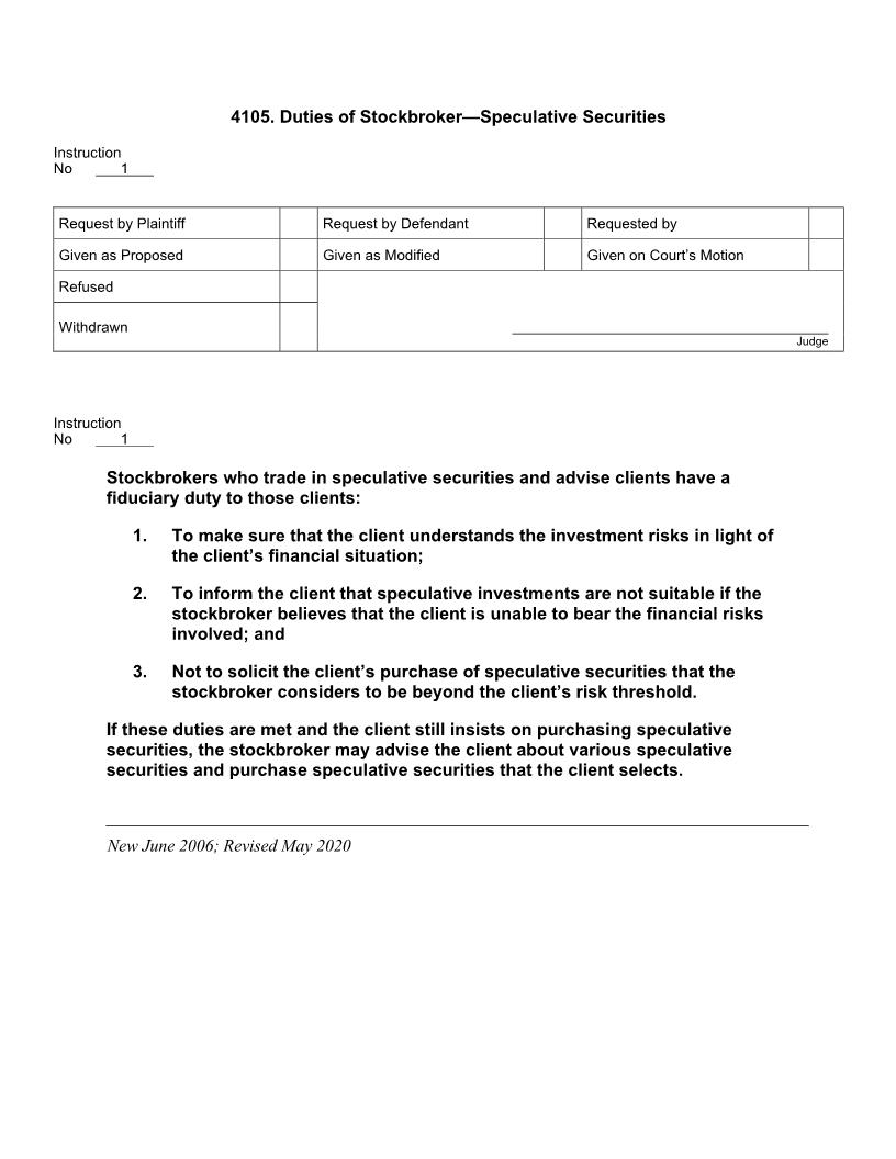 4105. Duties of Stockbroker Speculative Securities | Pdf Doc Docx | Jury Instructions