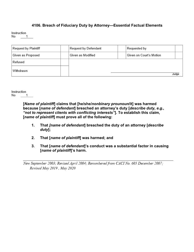 4106. Breach of Fiduciary Duty by Attorney Essential Factual Elements | Pdf Doc Docx | Jury Instructions