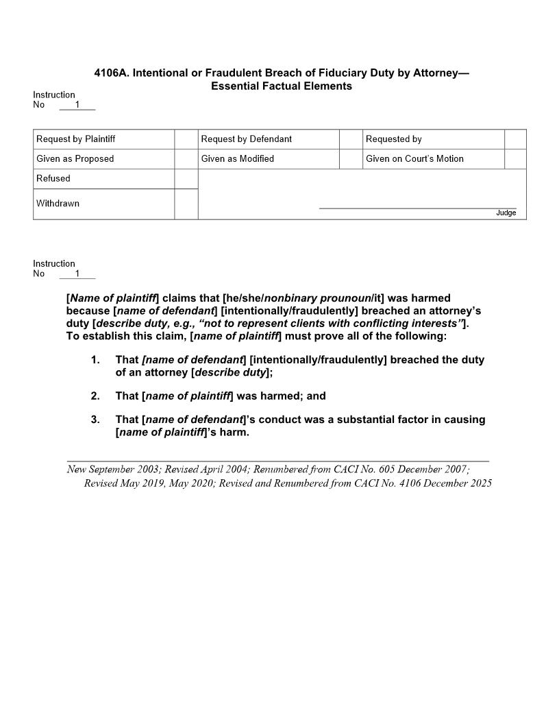 4106A. Intentional Or Fraudulent Breach Of Fiduciary Duty By Attorney Essential Factual Elements | Pdf Doc Docx | Jury Instructions