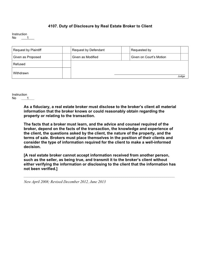 4107. Duty of Disclosure by Real Estate Broker to Client | Pdf Doc Docx | Jury Instructions