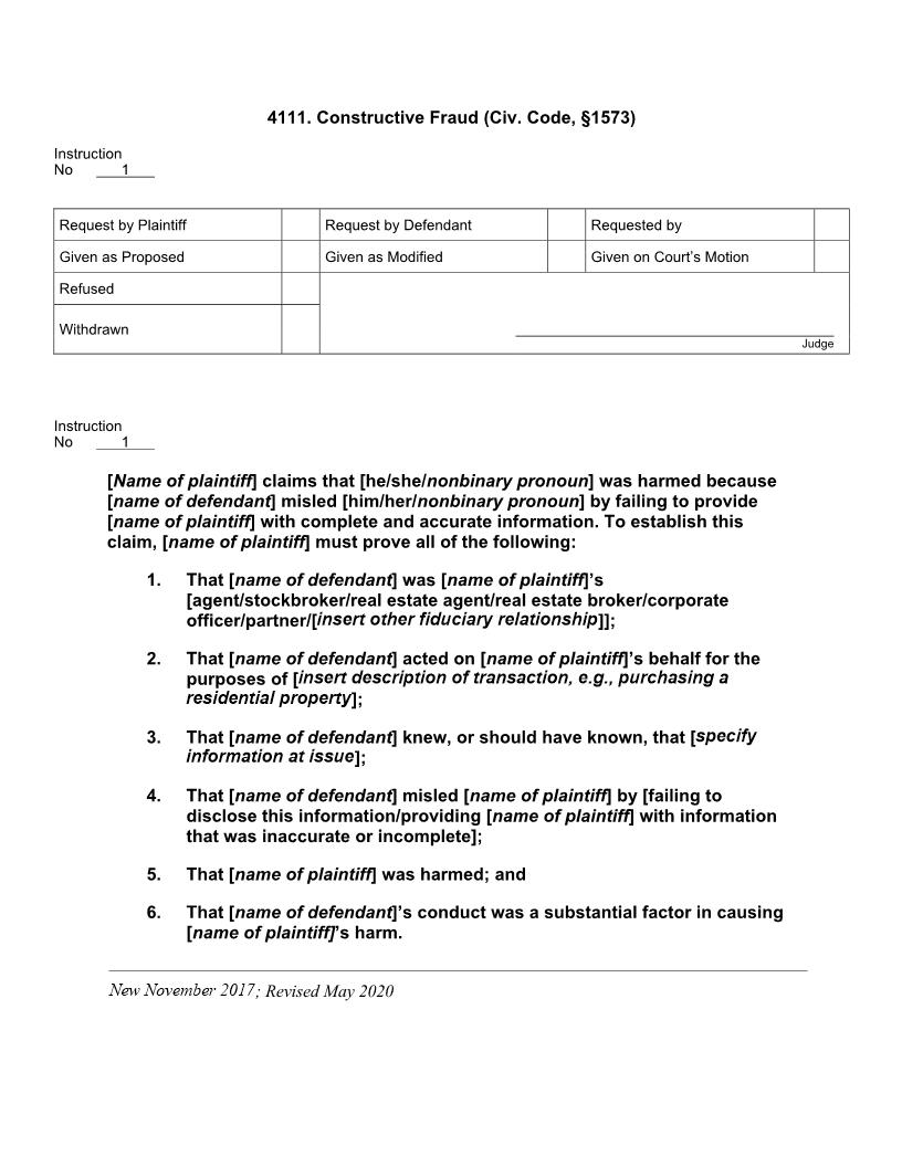 4111. Constructive Fraud (Civ. Code,  1573) | Pdf Doc Docx | Jury Instructions