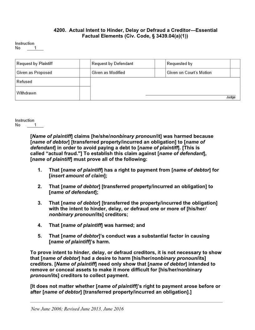 4200. Actual Intent To Hinder Delay Defraud Creditor - Essential Factual Elements | Pdf Doc Docx | Jury Instructions