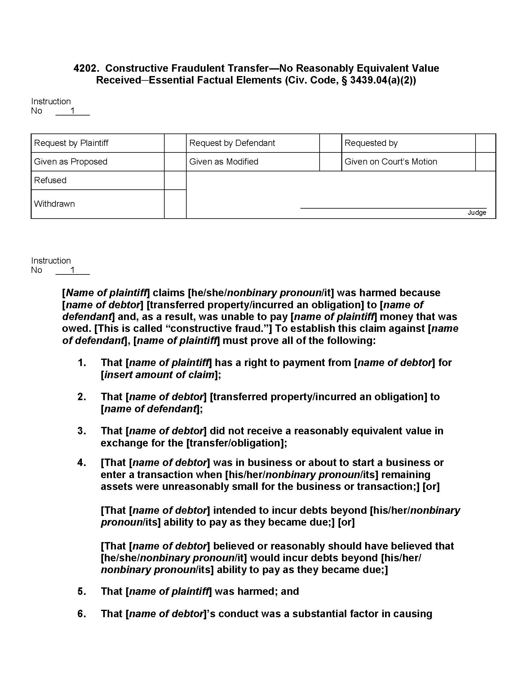 4202. Constructive Fraudulent Transfer No Reasonably Equivalent Value Essential Factual Elements | Pdf Doc Docx | Jury Instructions