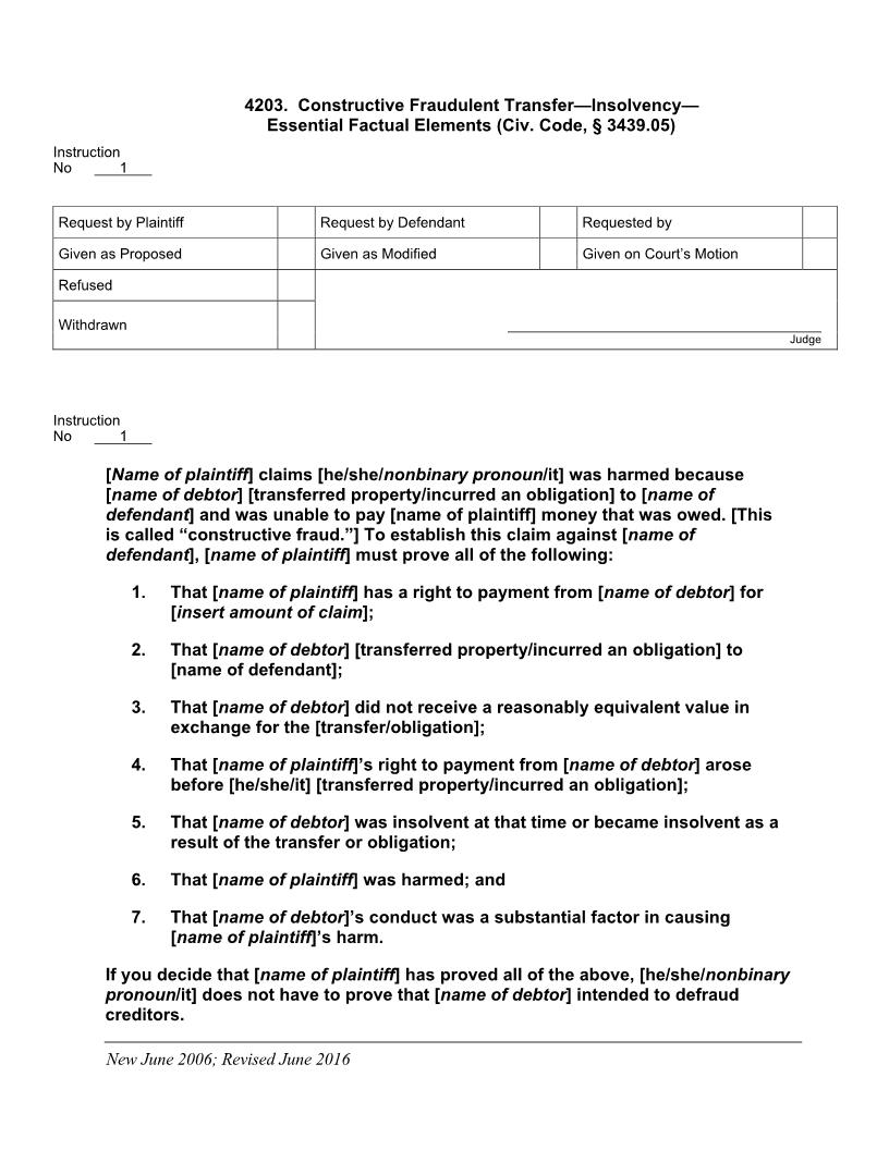4203. Constructive Fraudulent Transfer Insolvency Essential Factual Elements (Civ. Code, § 3439.05) | Pdf Doc Docx | Jury Instructions