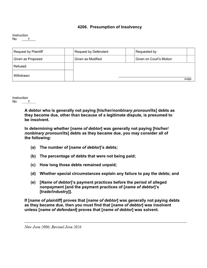 4206. Presumption of Insolvency | Pdf Doc Docx | Jury Instructions