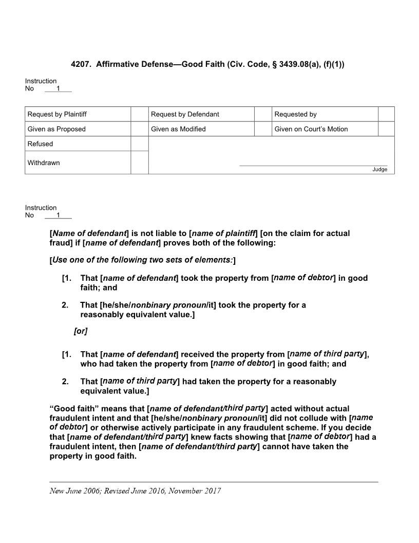 4207. Affirmative Defense of Good Faith (Civ. Code, § 3439.08)(a), (f)(1)) | Pdf Docx | Jury Instructions