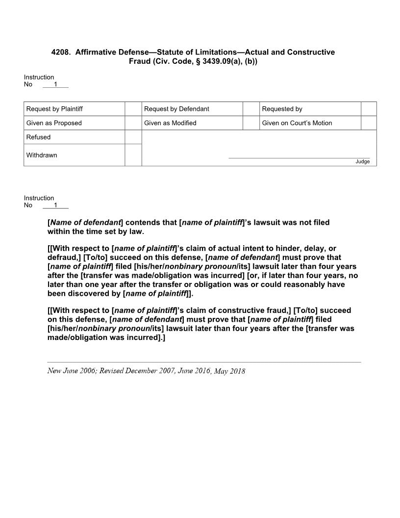 4208. Affirmative Defense Statute of Limitations Actual and Constructive Fraud (Civ. Code, § 3439.09) | Pdf Doc Docx | Jury Instructions