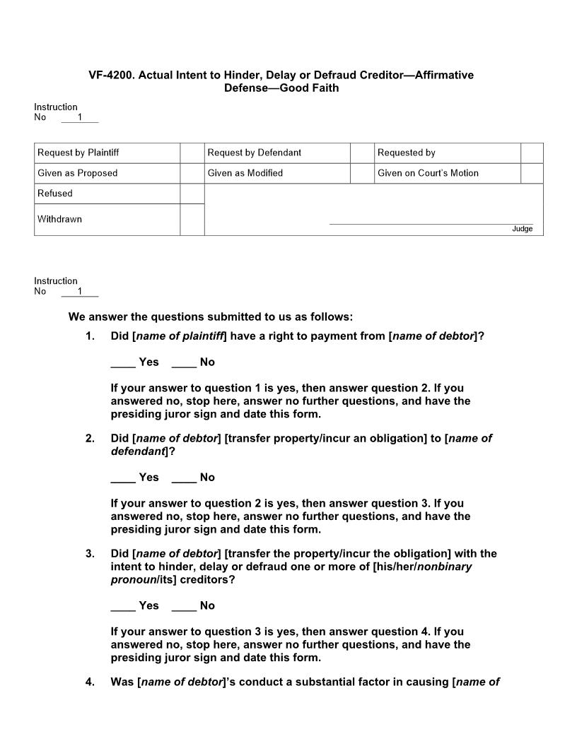 VF 4200. Actual Intent to Hinder Delay or Defraud Creditor Affirmative Defense Good Faith | Pdf Doc Docx | Jury Instructions