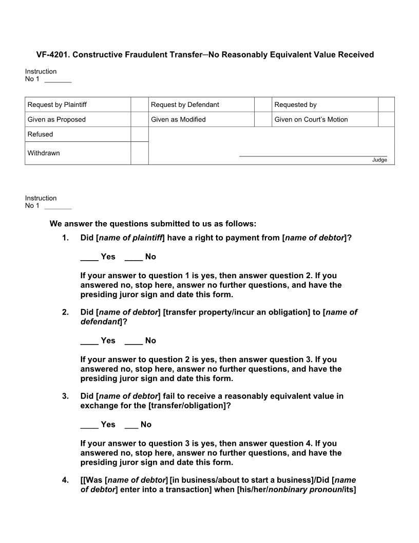 VF 4201. Constructive Fraudulent Transfer No Reasonably Equivalent Value Received | Pdf Doc Docx | Jury Instructions