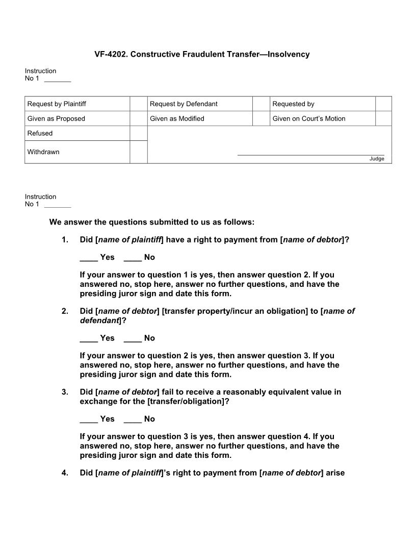 VF 4202. Constructive Fraudulent Transfer Insolvency | Pdf Doc Docx | Jury Instructions