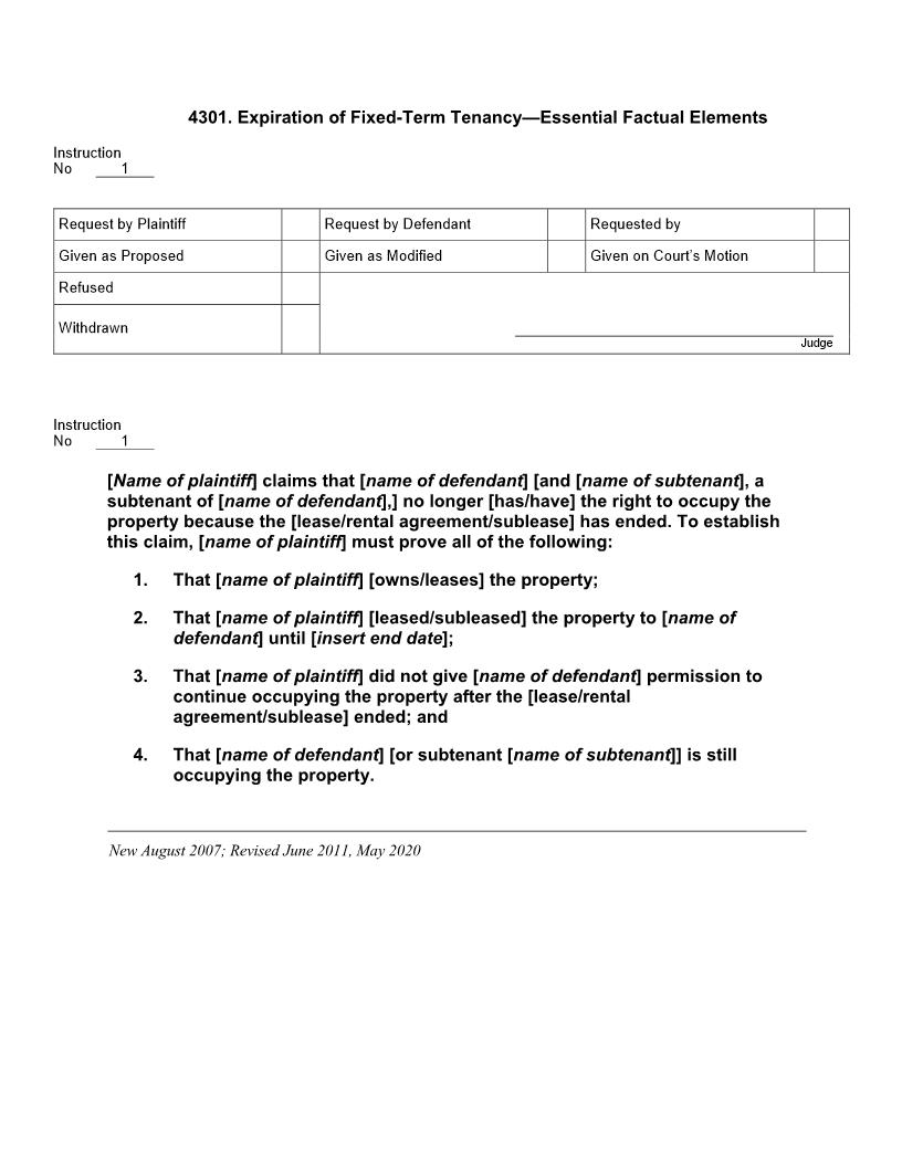 4301. Expiration of Fixed Term Tenancy Essential Factual Elements | Pdf Doc Docx | Jury Instructions