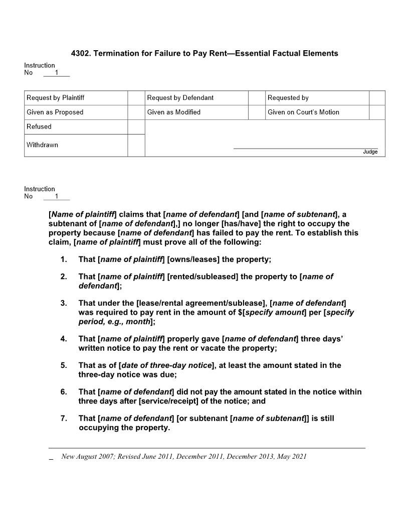 4302. Termination for Failure to Pay Rent Essential Factual Elements | Pdf Doc Docx | Jury Instructions