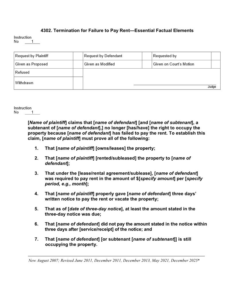 4302. Termination for Failure to Pay Rent Essential Factual Elements | Pdf Doc Docx | Jury Instructions